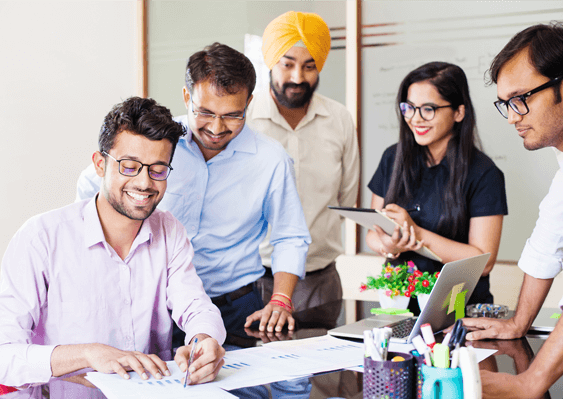 Diverse employees working together
